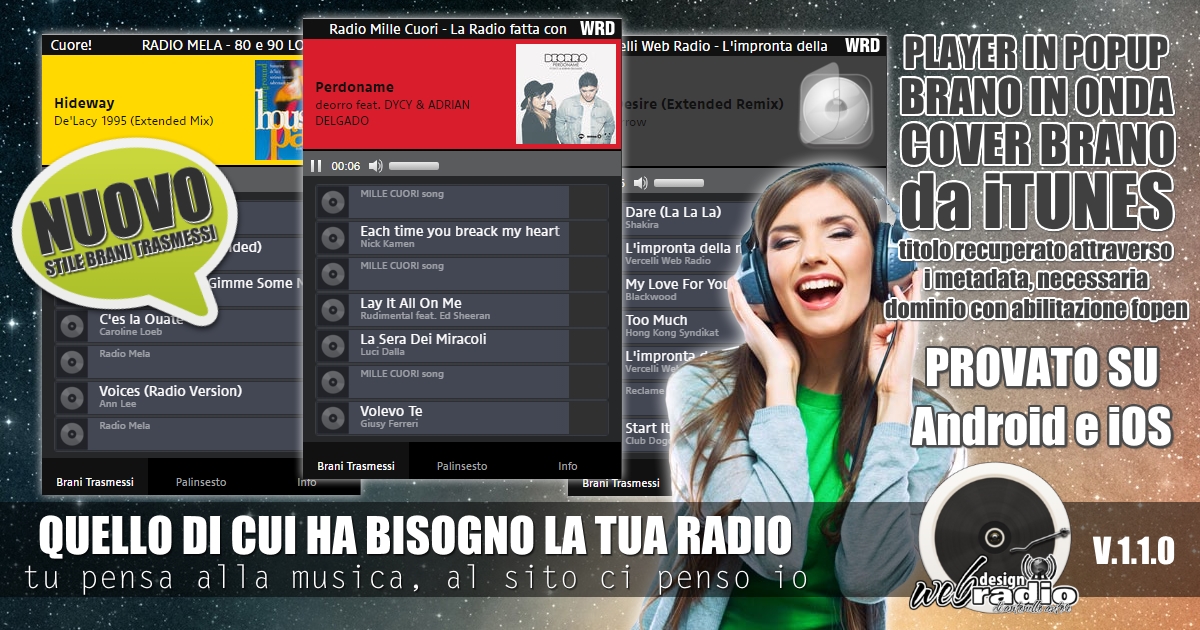 PLAYER in POPUP con lista brani trasmessi